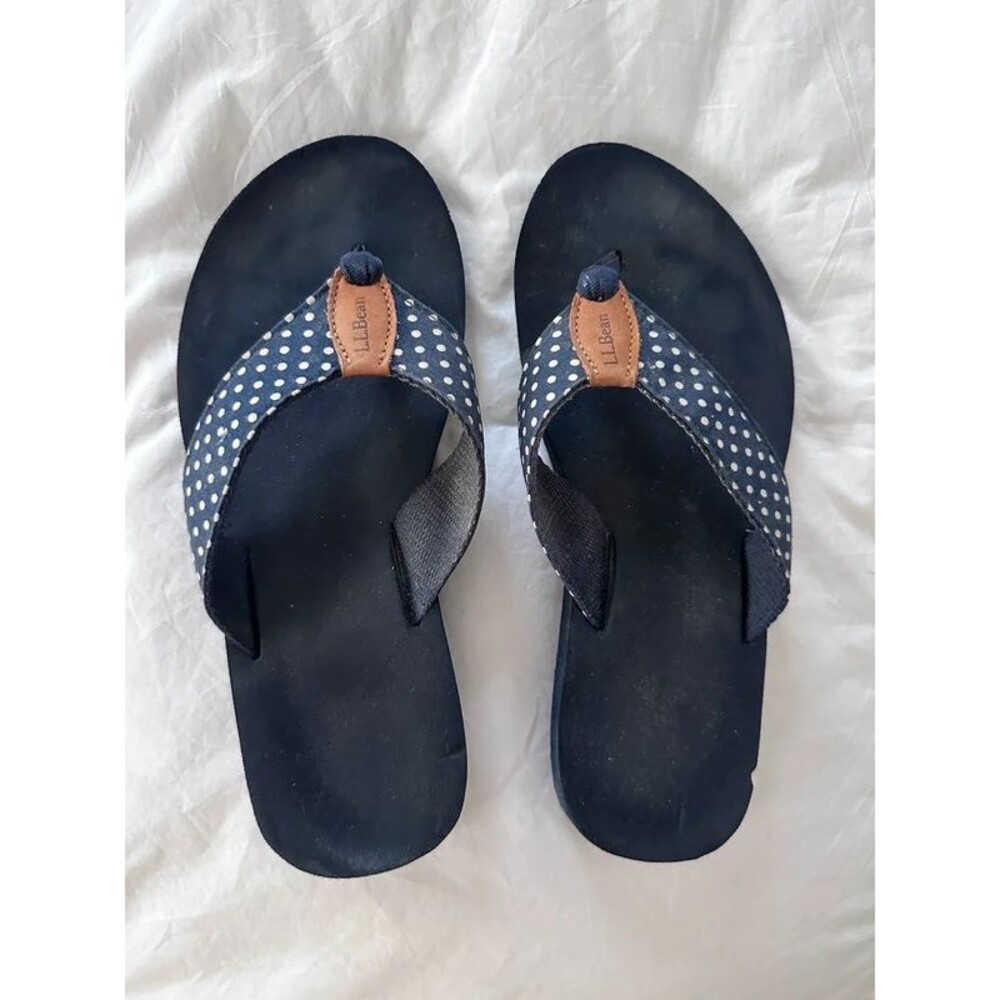 L.L.Bean Classic Maine Isle Flip Flops Navy Polka Dot Size 8 M